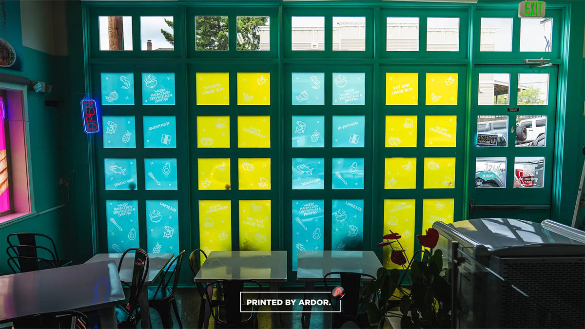 Printed window graphics on a restaurant storefront
